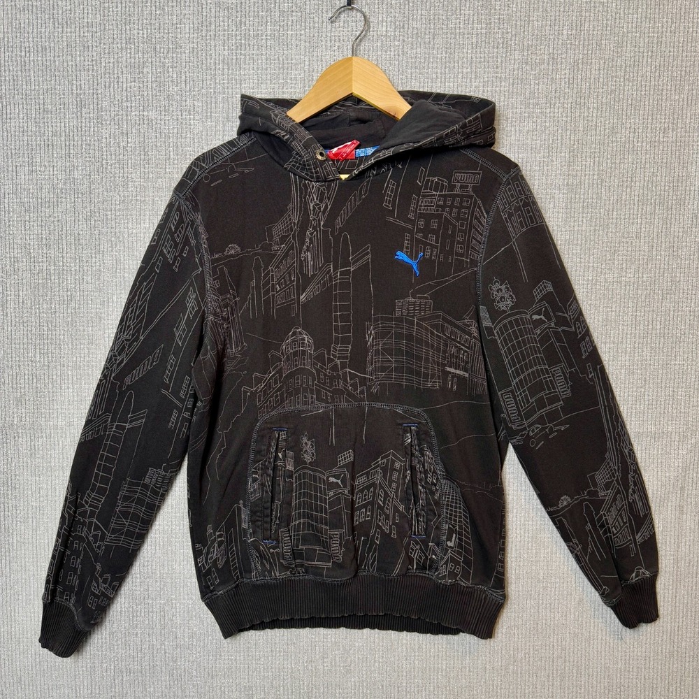 Vtg Y2K Puma Sportlifestyle Hoodie Cityscape Print Black Blue Logo Men's S‎